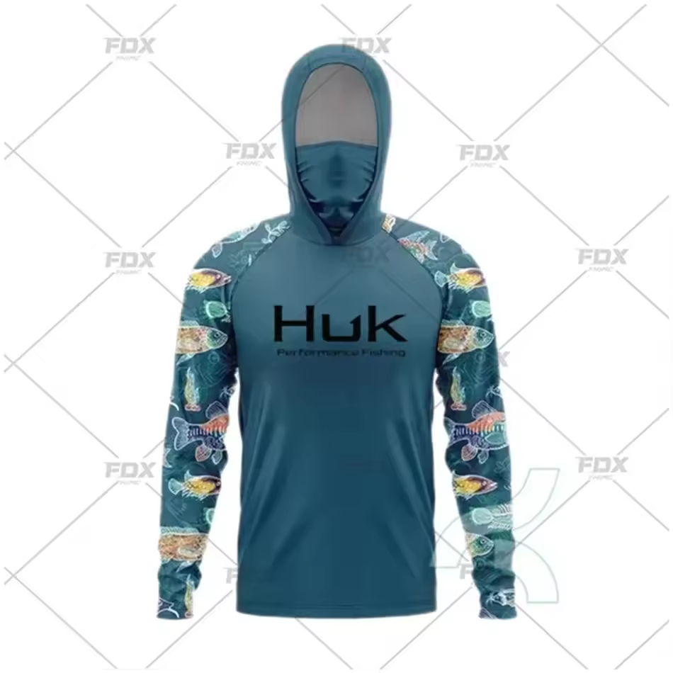 HUK Fishing Shirts Mask Neck Gaiter Hoodie Clothing Men Long Sleeve Fishing Clothes UV Protection Anti Mosquito Fishing T-shirts