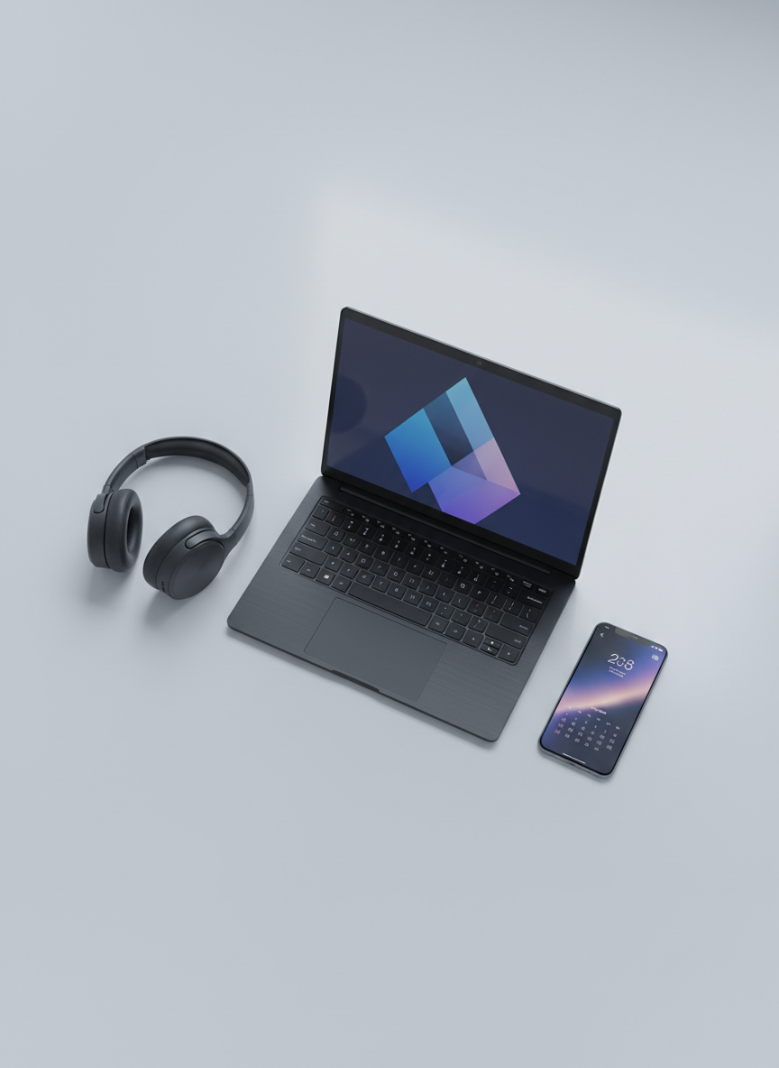 A bold, high-end electronics flat lay featuring a sleek black 15-inch laptop with a brushed metal finish, a pair of over-ear wireless headphones in matte charcoal, and a slim smartphone with a vibrant edge-to-edge display. All products are arranged on a smooth, light grey studio surface with subtle reflections. Soft, even studio lighting from above eliminates harsh shadows and highlights clean lines and textures. The mood is modern, confident, and premium, supporting product discovery with clear, distraction-free focus. Shot from a bird’s-eye view with sharp focus across the frame, in crisp photographic realism suitable for a professional e-commerce homepage hero image.